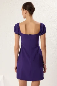 TRENDYOLMİLLA Purple A Cut Carmen Collar Lined Mini Weaving Crepe Dress - Image 5
