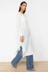TRENDYOLMİLLA Ecru Soft textured Loose Knitting Detailed Knitwear Maxi Dress - Image 3