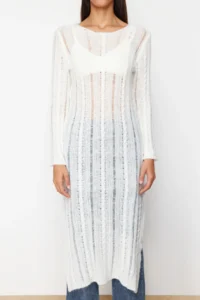 TRENDYOLMİLLA Ecru Soft textured Loose Knitting Detailed Knitwear Maxi Dress - Image 5