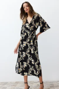 TRENDYOLMİLLA Black Belted flower patterned A Cut Double breasted Yaka Midi Weaving Dress - Image 3