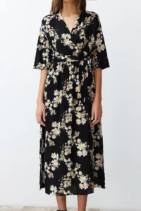 TRENDYOLMİLLA Black Belted flower patterned A Cut Double breasted Yaka Midi Weaving Dress - Image 4