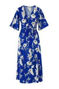 TRENDYOLMİLLA Mavi Belted flower patterned A Cut Double breasted Yaka Midi Weaving Dress - Image 7