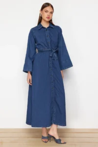 TRENDYOLMiLLA Dark Blue Belted Maxi Modest denim Shirt Dress - Image 2