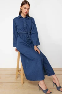 TRENDYOLMiLLA Dark Blue Belted Maxi Modest denim Shirt Dress - Image 3