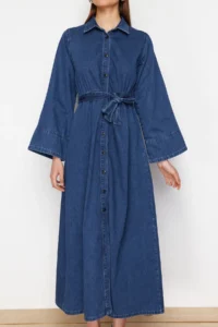 TRENDYOLMiLLA Dark Blue Belted Maxi Modest denim Shirt Dress - Image 4