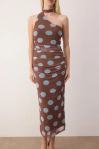 TRENDYOLMİLLA Dark Brown with Blue Polka Dot Neck Binding Detailed Midi Knitting Dress - Image 3