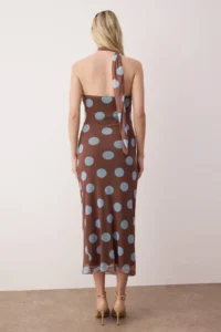 TRENDYOLMİLLA Dark Brown with Blue Polka Dot Neck Binding Detailed Midi Knitting Dress - Image 4