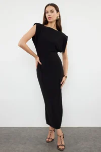 TRENDYOLMİLLA Black Plain Midi padded Draped bodycone/Fitting Flexible Knitting Dress