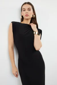 TRENDYOLMİLLA Black Plain Midi padded Draped bodycone/Fitting Flexible Knitting Dress - Image 2