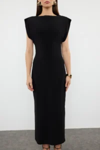 TRENDYOLMİLLA Black Plain Midi padded Draped bodycone/Fitting Flexible Knitting Dress - Image 3