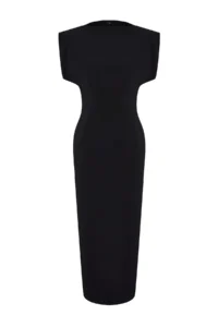 TRENDYOLMİLLA Black Plain Midi padded Draped bodycone/Fitting Flexible Knitting Dress - Image 6