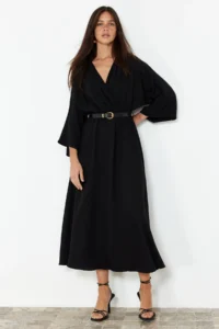 TRENDYOLMİLLA Black Arched A-line Double breasted Collared Aerobin Midi Weaving Dress - Image 2