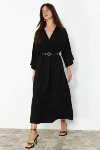 TRENDYOLMİLLA Black Arched A-line Double breasted Collared Aerobin Midi Weaving Dress - Image 3