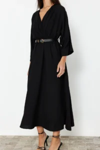 TRENDYOLMİLLA Black Arched A-line Double breasted Collared Aerobin Midi Weaving Dress - Image 5