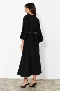 TRENDYOLMİLLA Black Arched A-line Double breasted Collared Aerobin Midi Weaving Dress - Image 6