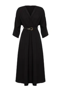 TRENDYOLMİLLA Black Arched A-line Double breasted Collared Aerobin Midi Weaving Dress - Image 7