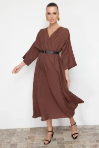 TRENDYOLMİLLA Brown Arched A-line Double breasted Collared Aerobin Boho Midi Weaving Dress - Image 2