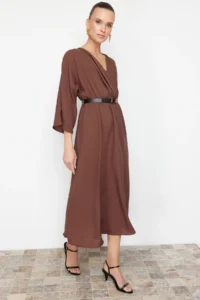 TRENDYOLMİLLA Brown Arched A-line Double breasted Collared Aerobin Boho Midi Weaving Dress - Image 3