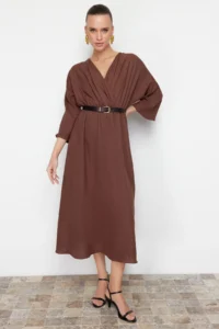 TRENDYOLMİLLA Brown Arched A-line Double breasted Collared Aerobin Boho Midi Weaving Dress - Image 4