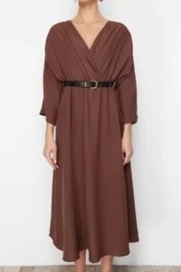 TRENDYOLMİLLA Brown Arched A-line Double breasted Collared Aerobin Boho Midi Weaving Dress - Image 5