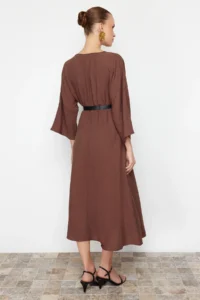 TRENDYOLMİLLA Brown Arched A-line Double breasted Collared Aerobin Boho Midi Weaving Dress - Image 7