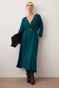 TRENDYOLMİLLA Petrol Blue Blue Blue Plain Skirt Opened at Waist Arched Midi  Weaving Dress - Image 2
