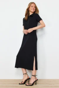TRENDYOLMİLLA Black Polo Shirt Collar shift/Normal Kesim Midi Flexible Knitting Dress - Image 3