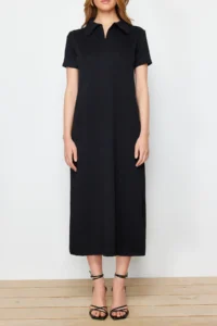 TRENDYOLMİLLA Black Polo Shirt Collar shift/Normal Kesim Midi Flexible Knitting Dress - Image 4
