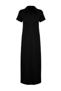 TRENDYOLMİLLA Black Polo Shirt Collar shift/Normal Kesim Midi Flexible Knitting Dress - Image 7