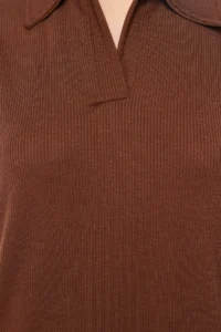TRENDYOLMİLLA Brown Polo Shirt Collar shift/Nromal Kesim Midi Knitting Dress - Image 5