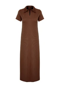 TRENDYOLMİLLA Brown Polo Shirt Collar shift/Nromal Kesim Midi Knitting Dress - Image 7