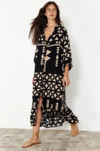 TRENDYOLMİLLA Black Midi Wide Cut Border Pattern Detailed Boho Weaving Dress - Image 2