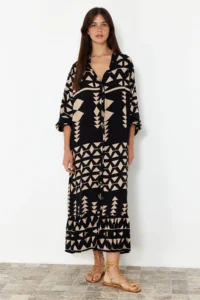 TRENDYOLMİLLA Black Midi Wide Cut Border Pattern Detailed Boho Weaving Dress - Image 3