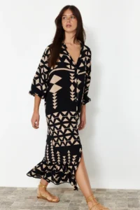 TRENDYOLMİLLA Black Midi Wide Cut Border Pattern Detailed Boho Weaving Dress - Image 4