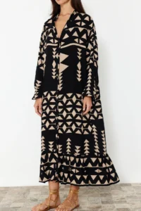 TRENDYOLMİLLA Black Midi Wide Cut Border Pattern Detailed Boho Weaving Dress - Image 6