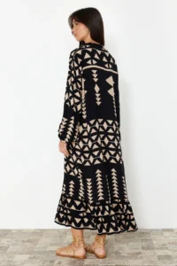 TRENDYOLMİLLA Black Midi Wide Cut Border Pattern Detailed Boho Weaving Dress - Image 7