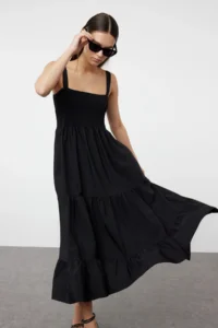 TRENDYOLMİLLA Black Plain A Cut Gipelli Square Neck Lined Maxi Weaving Dress - Image 2
