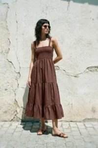 TRENDYOLMİLLA Brown Plain A Cut Gipelli Square Neck Lined Maxi Weaving Dress
