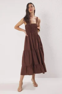 TRENDYOLMİLLA Brown Plain A Cut Gipelli Square Neck Lined Maxi Weaving Dress - Image 2