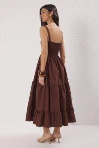 TRENDYOLMİLLA Brown Plain A Cut Gipelli Square Neck Lined Maxi Weaving Dress - Image 5