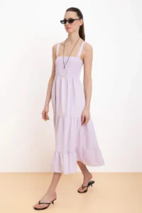 TRENDYOLMİLLA Lilac Plain Skirt Opened at Waist Gipelli Maxi Weaving Dress