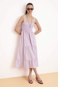 TRENDYOLMİLLA Lilac Plain Skirt Opened at Waist Gipelli Maxi Weaving Dress - Image 2
