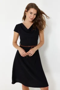 TRENDYOLMİLLA Black textured Belt Detailed Off-Shoulder Neck Flexible skater/Waisted Midi Knitting Dress - Image 2