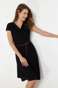 TRENDYOLMİLLA Black textured Belt Detailed Off-Shoulder Neck Flexible skater/Waisted Midi Knitting Dress - Image 3