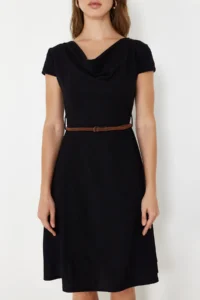 TRENDYOLMİLLA Black textured Belt Detailed Off-Shoulder Neck Flexible skater/Waisted Midi Knitting Dress - Image 4