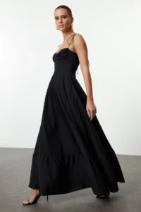 TRENDYOLMİLLA Black Waist Drape Detailed Sleeveless Weaving Maxi Dress