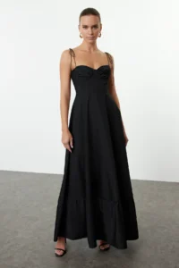 TRENDYOLMİLLA Black Waist Drape Detailed Sleeveless Weaving Maxi Dress - Image 2
