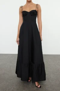 TRENDYOLMİLLA Black Waist Drape Detailed Sleeveless Weaving Maxi Dress - Image 3