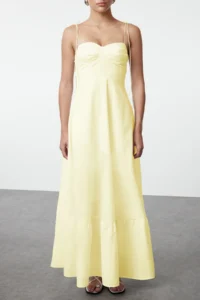TRENDYOLMİLLA Light Yellow Waist Draped Detailed Sleeveless Weaving Maxi Dress - Image 3