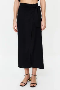 TRENDYOLMiLLA More Sustainable Black tied up Double breasted Maxi Size Weaving Skirt with Covering Viscose Fabric - Image 4